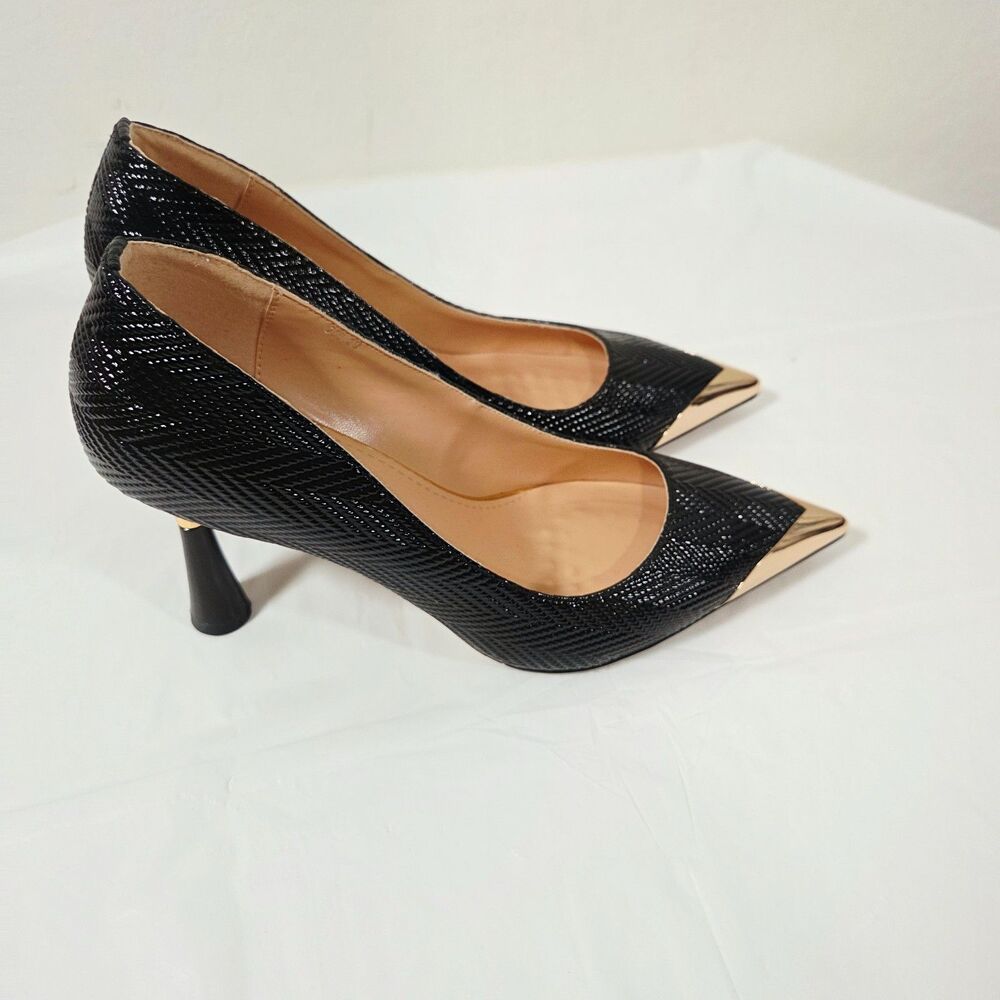 Black Metal Cap Pointed Toe Stiletto Pumps Women's Size 8 Dress Heels, New
